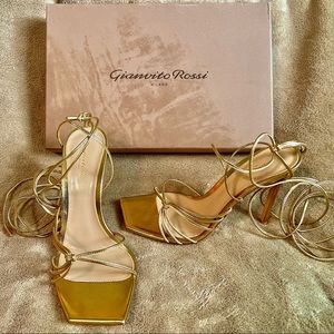 GIANVITO ROSSI Gold Metallic Leather SYLVIE Strappy Sandal Ankle Tie 37.5 NIB
